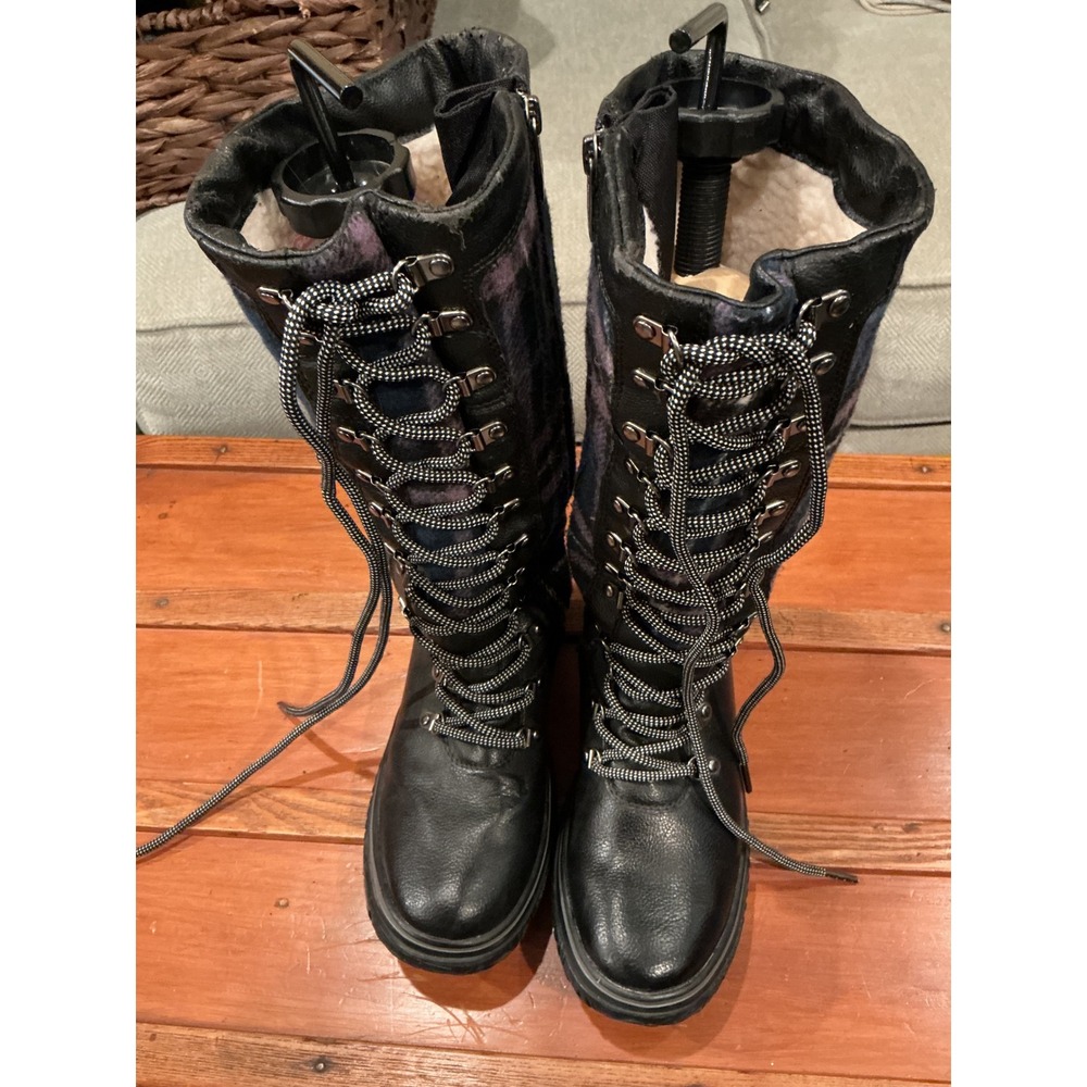 Pajar Canada Women Black Leather Plaid Wool Tall Winter Boots Side Zip US 7.5/38